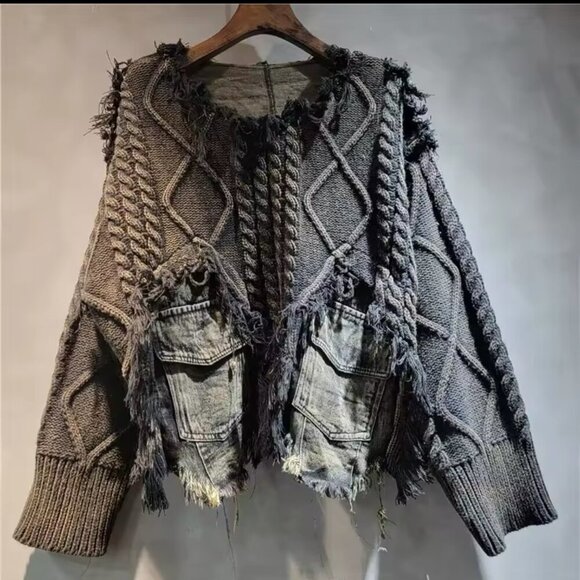 Upcycled Green Knit & Denim Destroyed Sweater – Statement Piece NWT - Picture 12 of 16